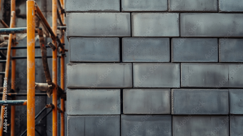 Poster a section of an interlocking concrete block wall under construction, the individual blocks fitting p
