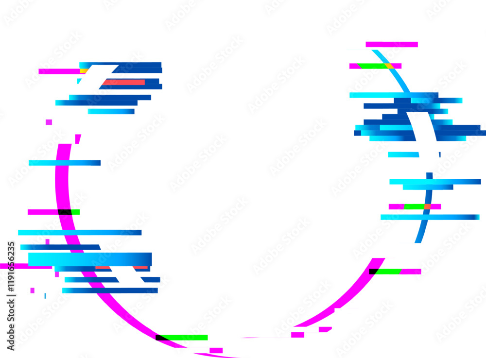 Poster digital glitch effect forming a circle with blue and magenta lines and colored pixels on white backg