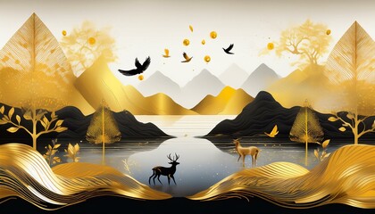 a scenic wallpaper showing golden trees deer birds mountains and tree leaves with black gold and white stones scattered on the water
