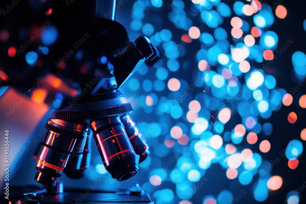 Poster close-up view of a microscope with colorful lights in a laboratory setting at night