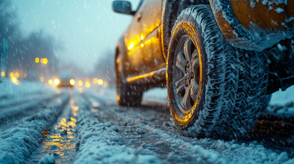 Snowy winter evening roads. An orange vehicle parks on a snowy street with falling snow and warm lights in the background.
