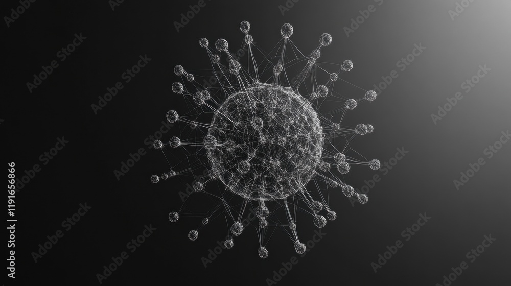 Poster minimalistic graphical representation of a virus structure against a dark background. generative ai
