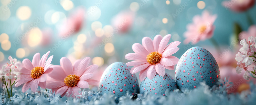 Poster Spring eggs and daisies display. Blue speckled eggs surrounded by pink daisies create a cheerful spring atmosphere with soft bokeh lighting.