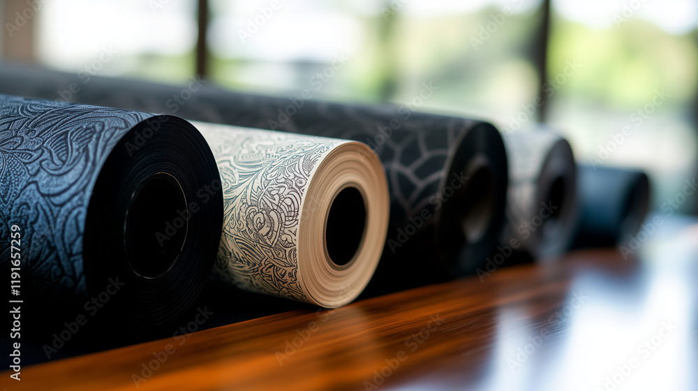 Poster an array of wallpaper rolls in complementary colors and intricate patterns, displayed with precision