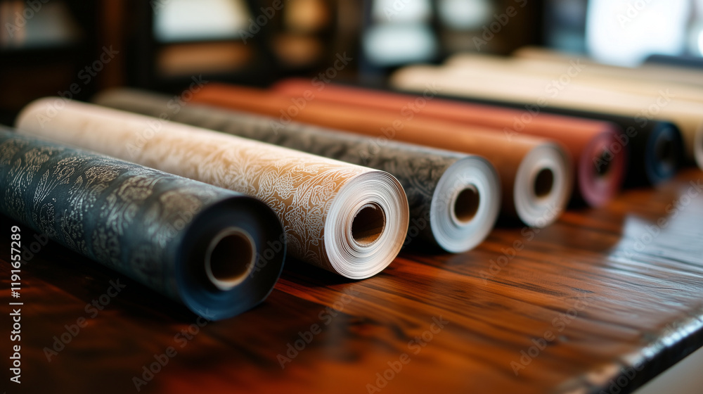 Poster an array of wallpaper rolls in complementary colors and intricate patterns, displayed with precision