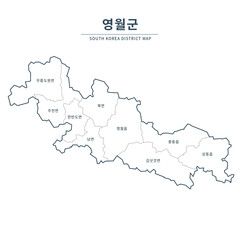 Yeongwol map. Map of South Korea with Major Cities, Clean Line Design on White Background.
