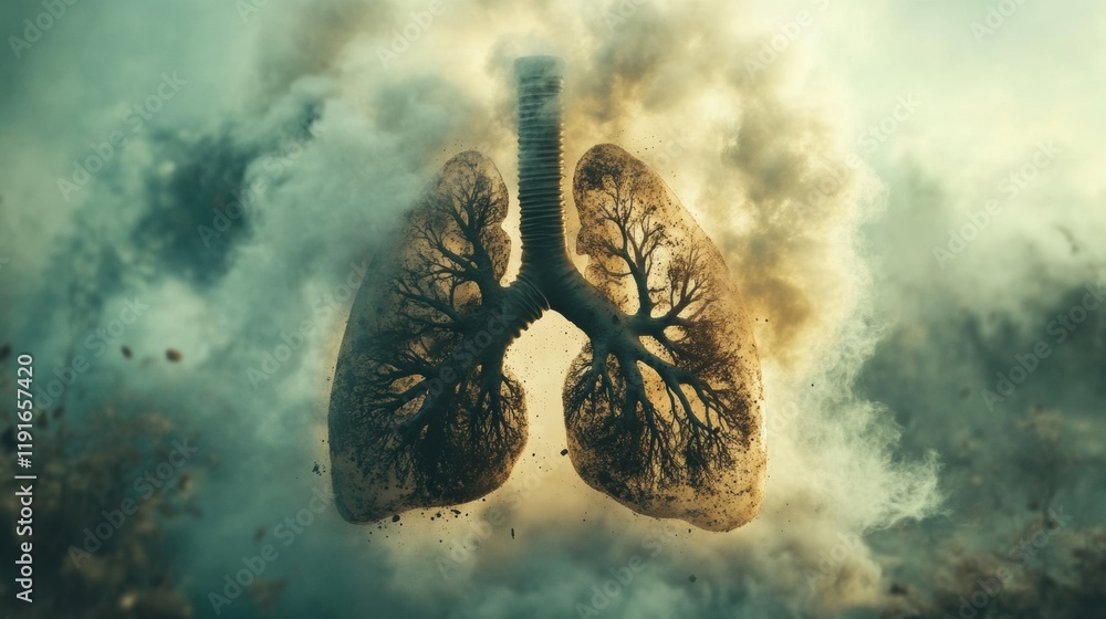 Poster realistic lungs surrounded by smog and dust particles illustrate the impact of pollution on respirat