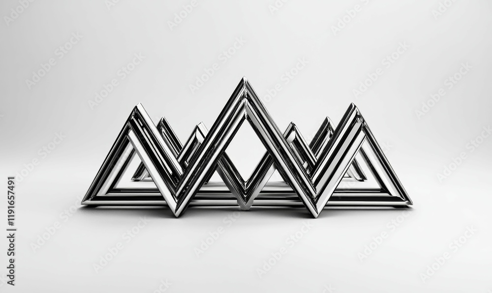 Poster interlocking metallic triangles form abstract design.