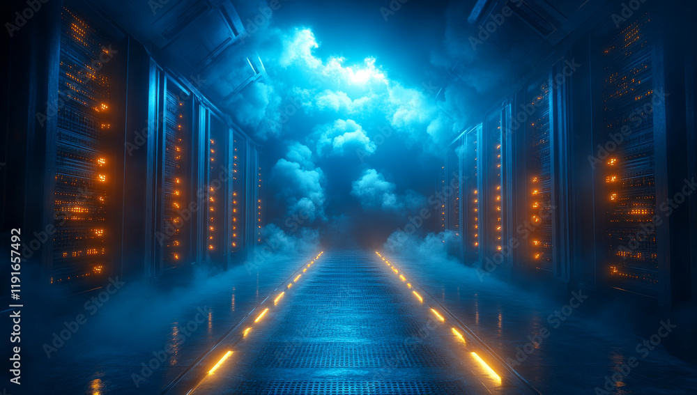 Poster blue-lit futuristic data center. a vast data center corridor features glowing lights, fog, and illum