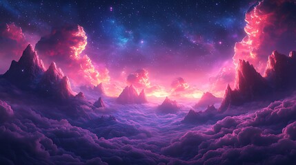 Fantasy landscape, cosmic sunrise, cloudscape, mountains, artwork, digital art, vibrant, game design