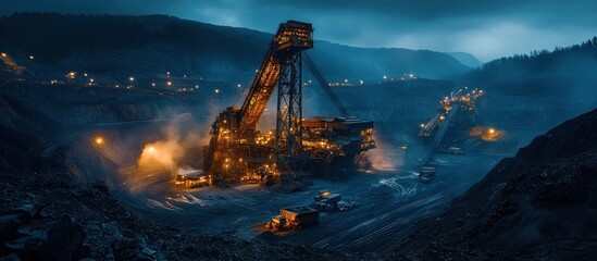 Massive mining excavator operating in a remote mountainous landscape at night with the machine s bright lights illuminating the dark scene and casting a dramatic glow over the rugged terrain