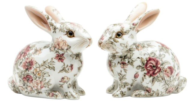Colorful floral ceramic bunny pair transparent background