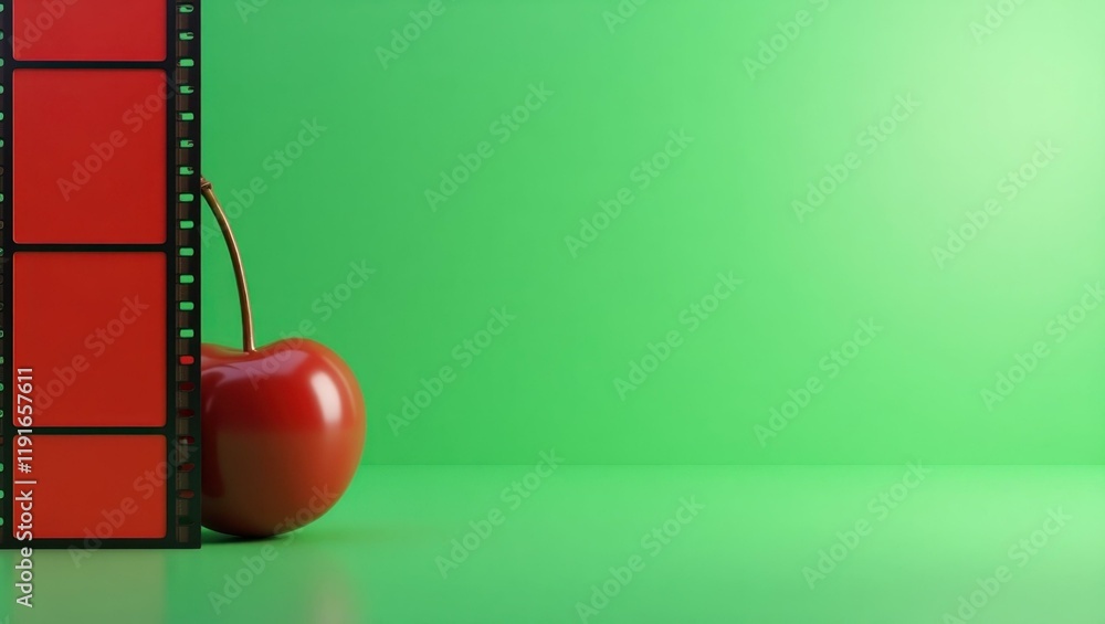 Poster rich cherry red animation film strip on right. soft red background. copy space for text, 3d render a