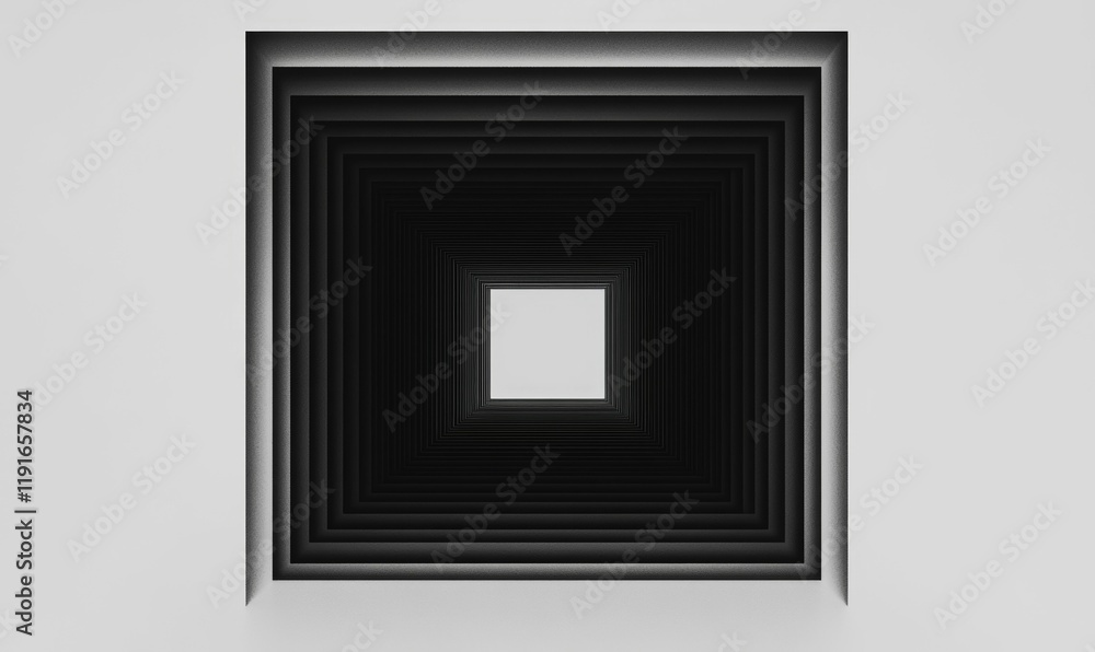 Poster receding grayscale squares form tunnel effect.