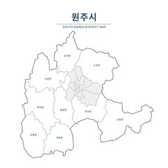 Wonju map. Map of South Korea with Major Cities, Clean Line Design on White Background.
