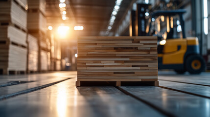 Naklejka premium A neat stack of engineered wood panels in warm earthy tones, placed in the center of a modern factory floor, with a forklift positioned nearby for transport.