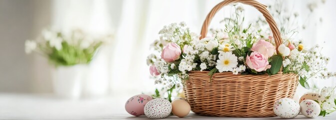 Wicker basket with Easter decorations and spring flowers. Easter background