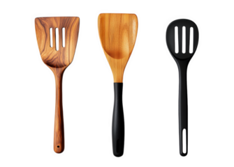 three kitchen spatulas made from different materials a wooden spatula with a natural finish. a bamboo spatula. and a black silicone spatula these utensils are designed for flipping. serving. and cooki