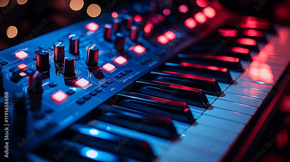 Poster close-up of a synthesizer keyboard with illuminated buttons and keys under red and blue lights.