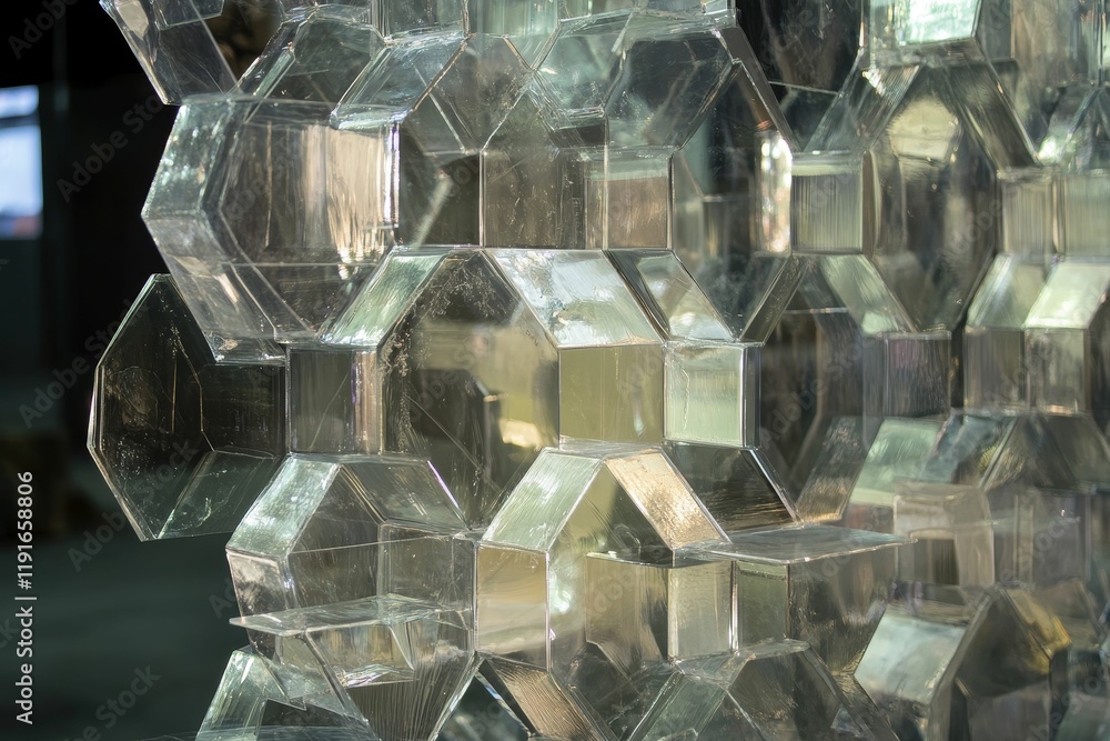 Poster transparent geometric shapes, closely interlocking structure.