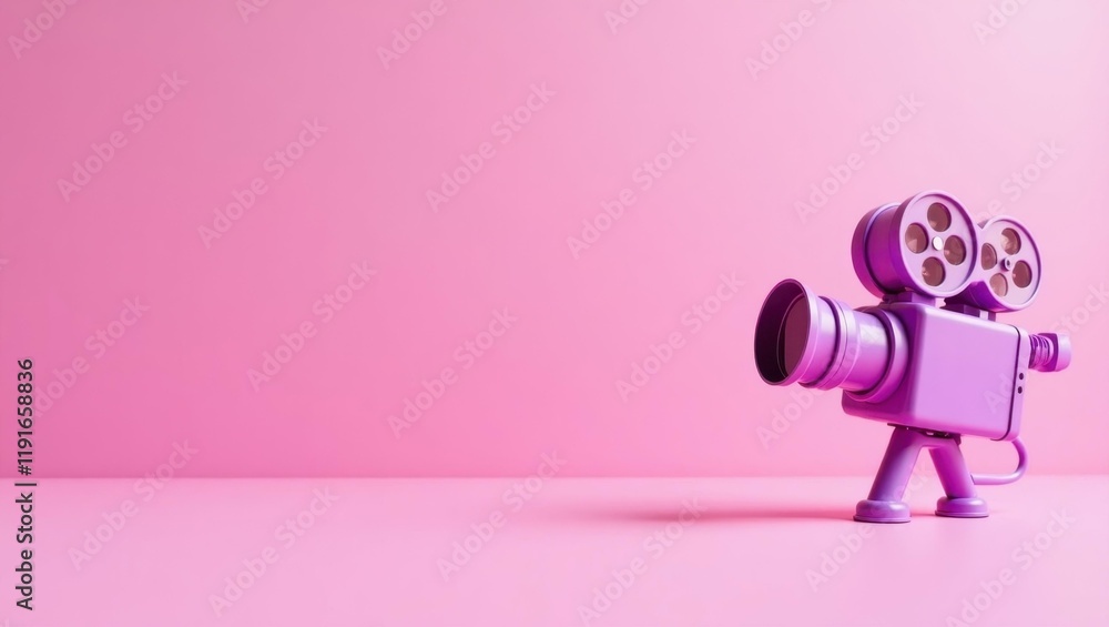Poster violet cinema camera on right. soft yellow background. copy space for text, 3d render ai generated d