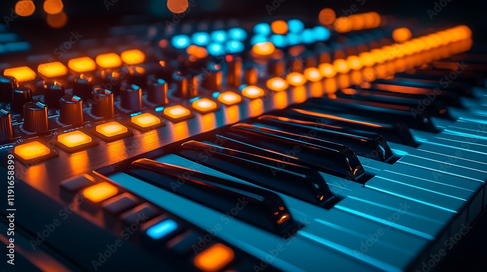 Aufkleber close-up of illuminated synthesizer keyboard with knobs and buttons.