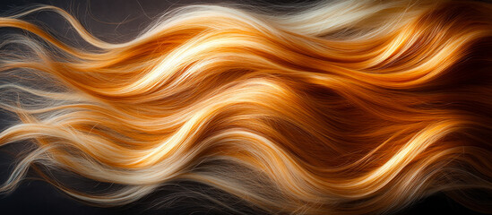 Flowing strands of golden orange hair. Bright golden orange hair cascades elegantly against a dark background, highlighting its luscious waves and shine.