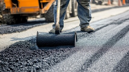 Fototapeta premium A detailed shot of a construction foreman overseeing the pouring of asphalt for a road resurfacing project, Asphalt paving scene, Road maintenance style