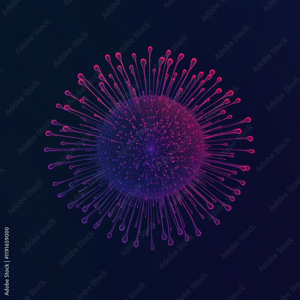 Poster graphical representation of a virus with a minimalistic design displayed on a dark background. gener