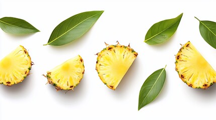 Naklejka premium Fresh pineapple slices and leaves on white.