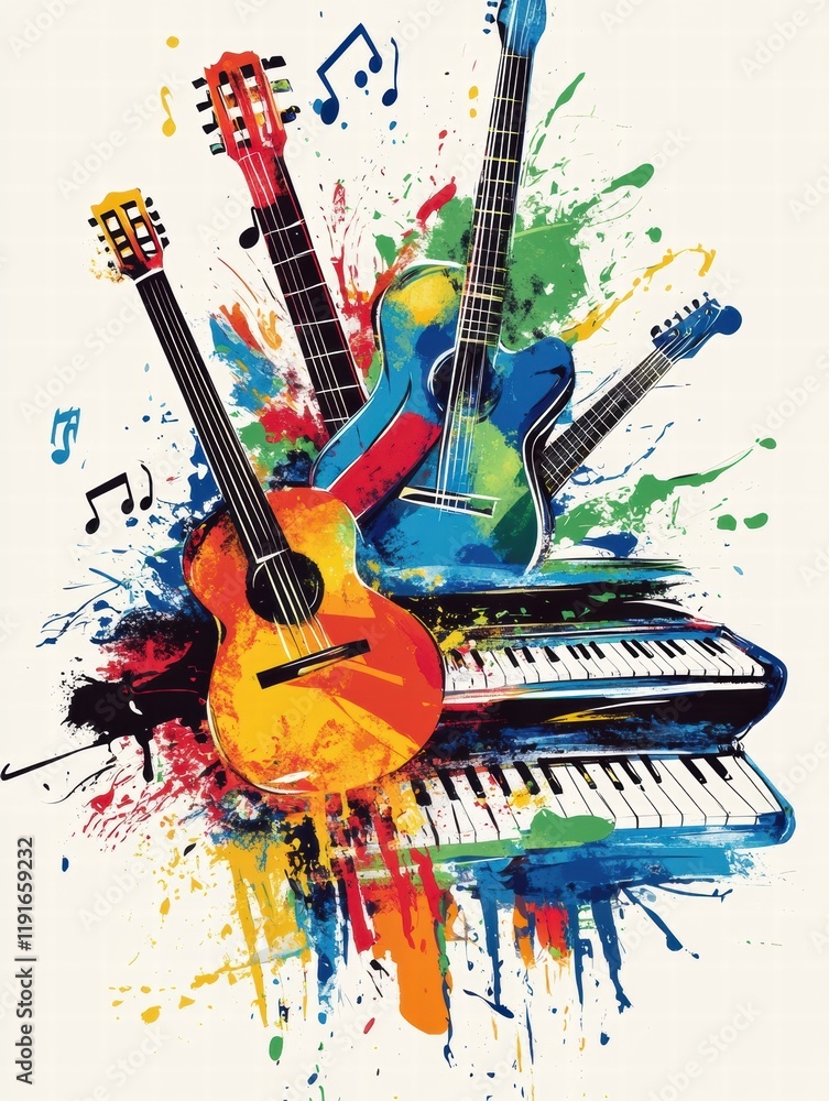 Leinwandbilder creative explosion of musical instruments with vibrant colors and scattered notes on a textured back