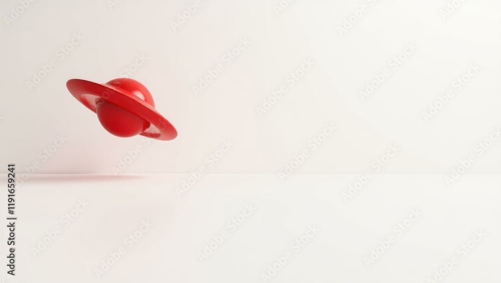 Poster ruby red ufo on right. soft pink background. copy space for text, 3d render ai generated designer el