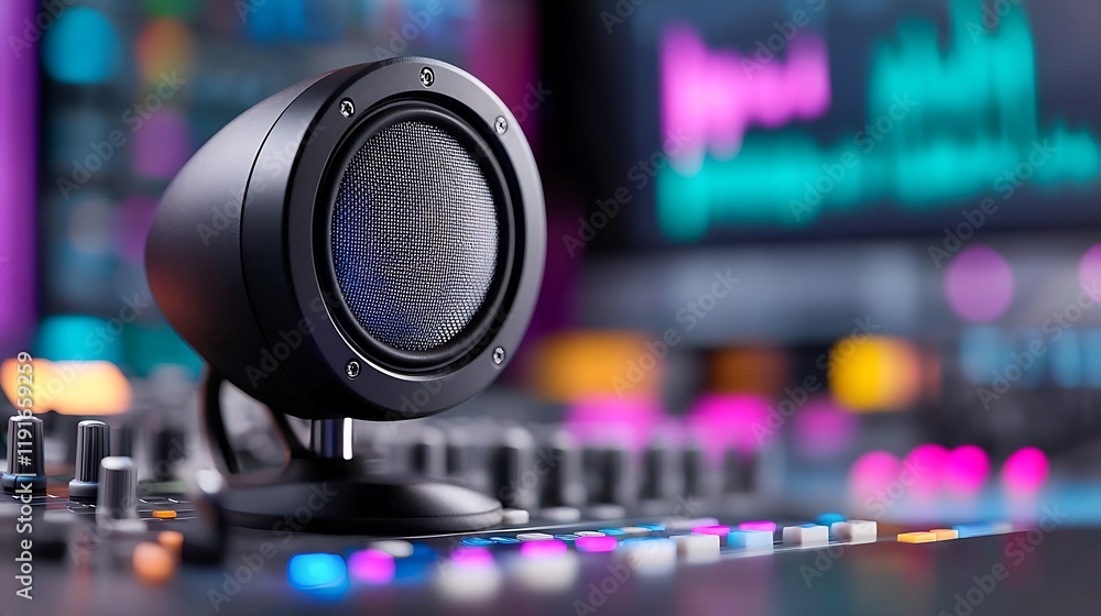 Poster close-up of a sleek black studio monitor speaker on a mixing console with colorful lights in the bac