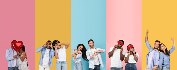 A collection of diverse couples express their love and happiness together, showcasing affection and...