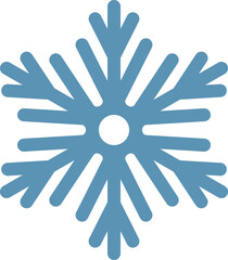 Minimalist vector illustration of a light blue snowflake with rounded tips and a white center, symbolizing winter, christmas, and cold weather