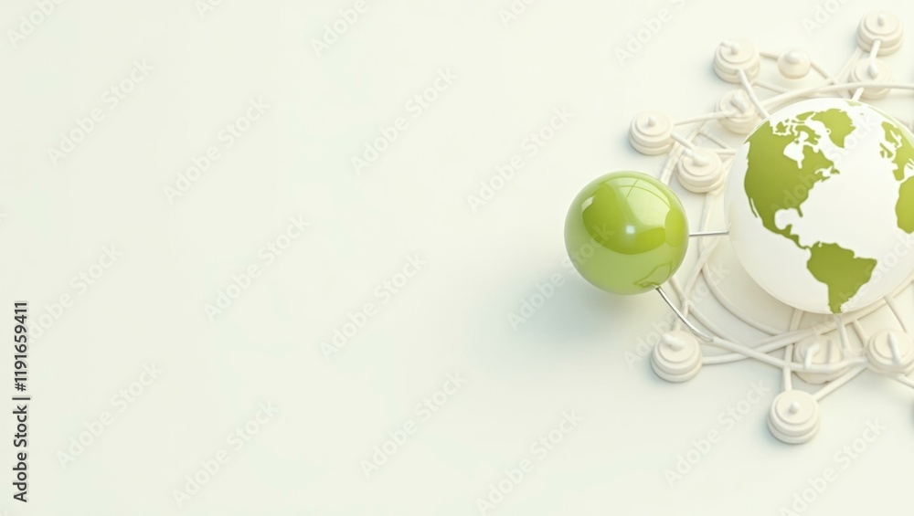 Poster pistachio globe connected by lines on left. soft white background. copy space for text, 3d render ai