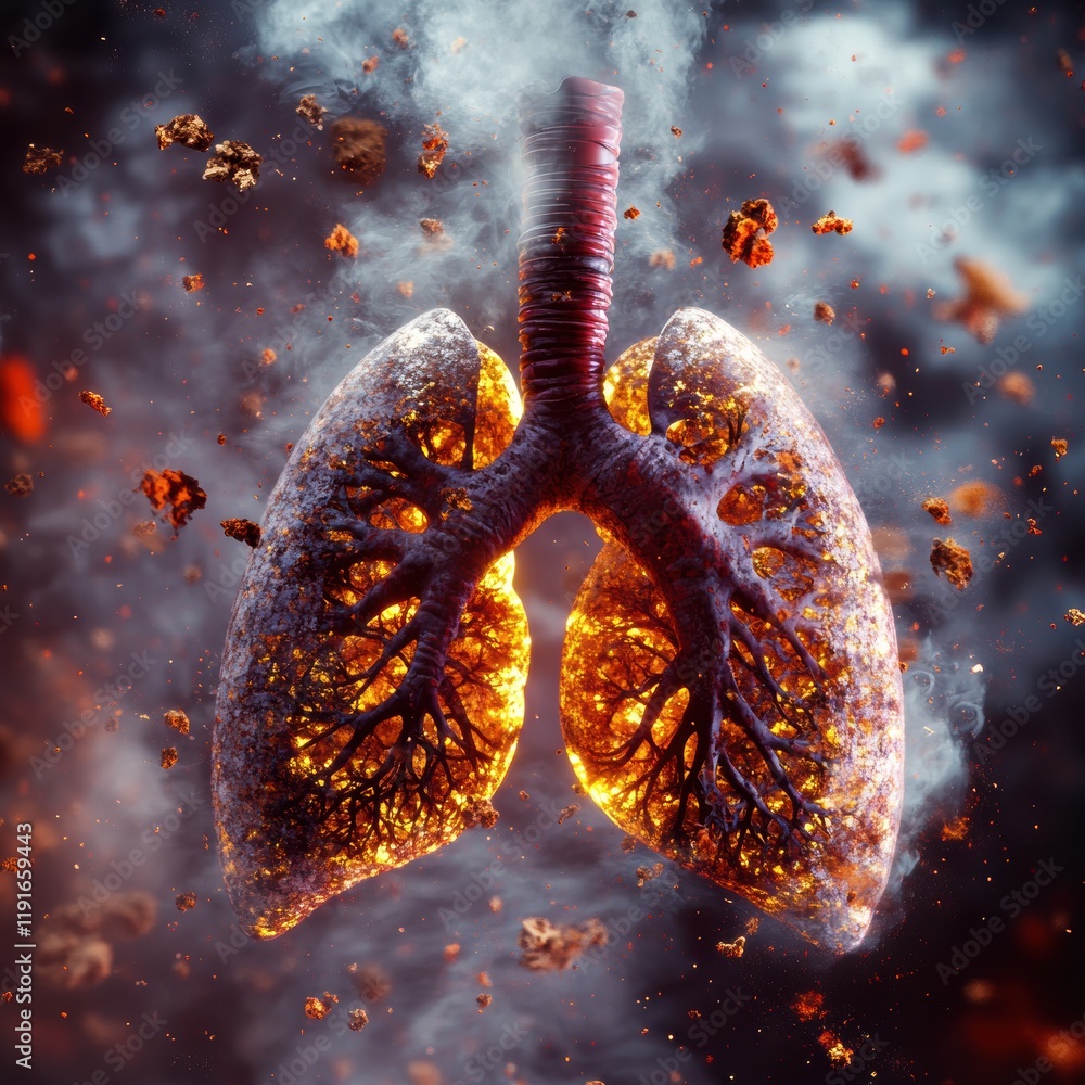 Poster realistic representation of human lungs affected by smog and dust particles in an urban environment.