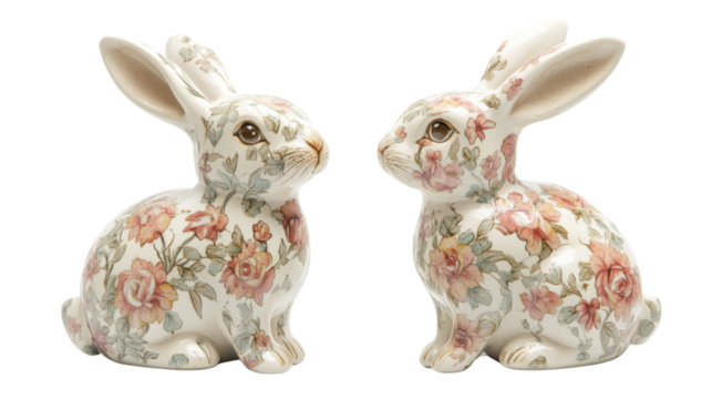 Colorful floral ceramic bunny pair transparent background