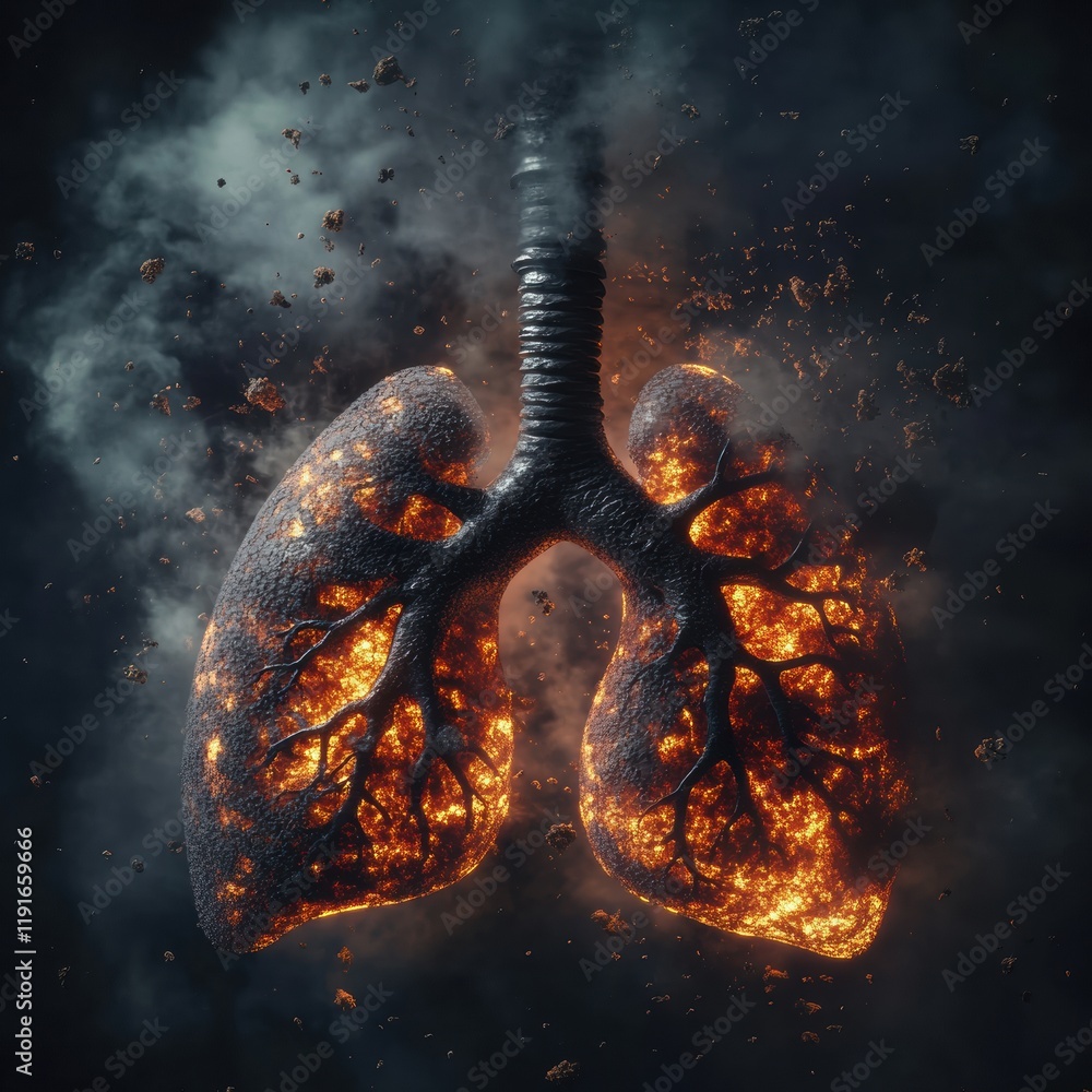 Aufkleber realistic lungs surrounded by dense smog and particles highlighting air pollution effects on health.