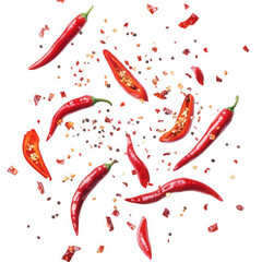 n artistic arrangement of red chili peppers and crushed chili flakes scattered on a white background. showcasing the vibrant colors and textures of the ingredients this composition emphasizes culinary
