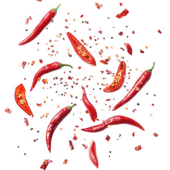 n artistic arrangement of red chili peppers and crushed chili flakes scattered on a white background. showcasing the vibrant colors and textures of the ingredients this composition emphasizes culinary
