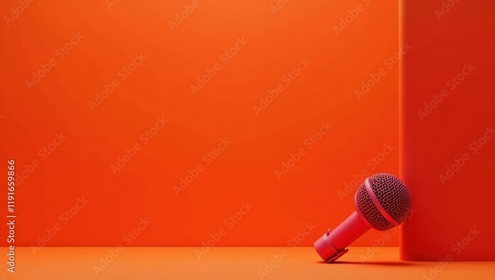 Poster rich garnet red old school microphone on right. soft red background. copy space for text, 3d render 