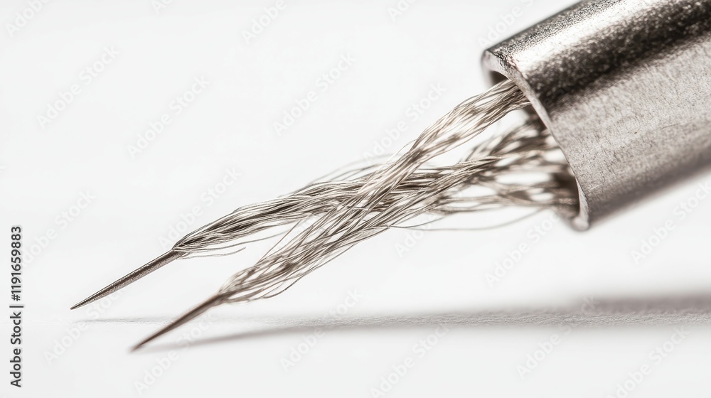 Poster metallic object, thin wires, sharp points, close-up view.
