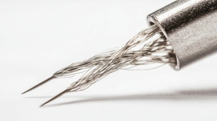 Metallic object, thin wires, sharp points, close-up view.