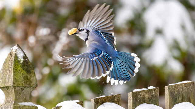 Blue Jay Flying Wings Feathers Winter Snow Peanut Backyard Bird Feeders Bird Watching Blue Birds Beautiful Unique Action Picture Nature