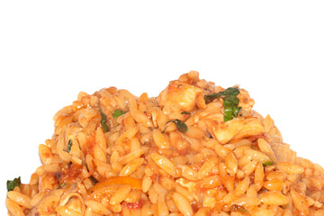 Close Up of Tomoto Based Orzo Rice Sauce Dinner Snack Dish on a White Background