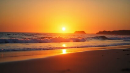Tropical Paradise. Sunset orange sky ocean waves sandy beach calm even