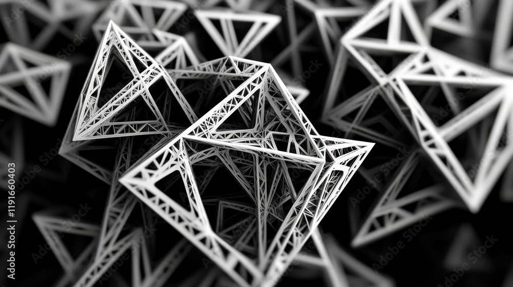 Poster interlocking, white, triangular structures in grayscale.