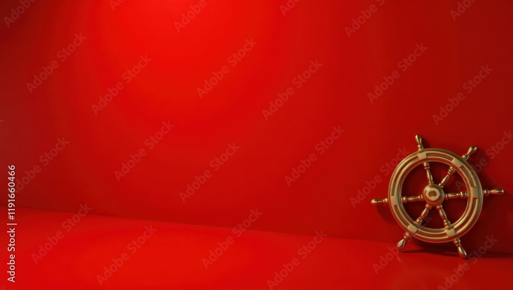 Poster brass ship wheel on right. soft red background. copy space for text, 3d render ai generated designer