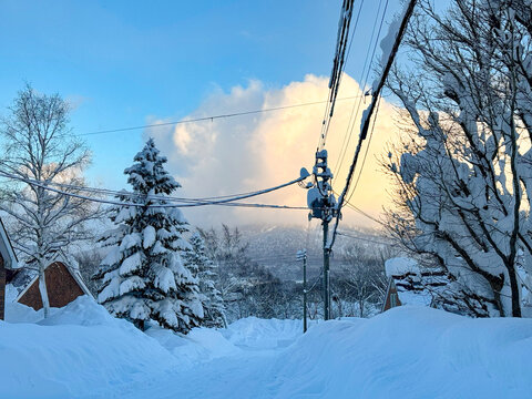 Thick electricity wires covered in snow run across the idyllic wintry landscape in Niseko, Japan on a sunny winter evening. Empty snow-covered road runs under the power lines and through suburbs